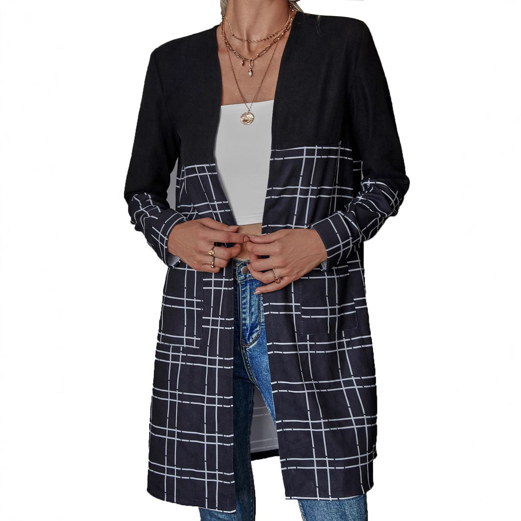 Damen längerer Blazer mit grafischem Karomuster Drune