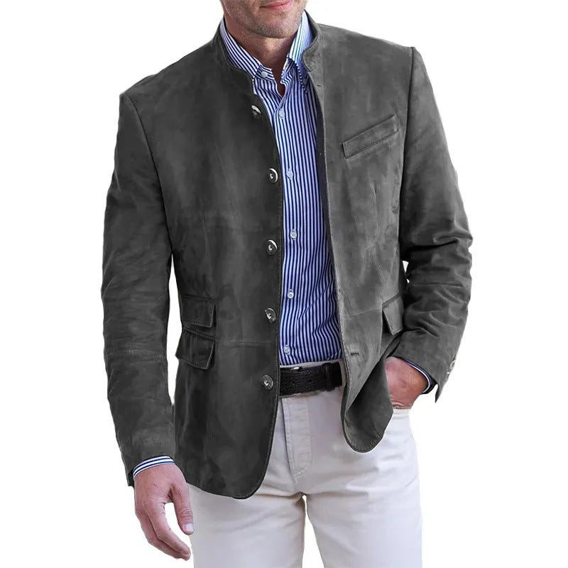 Herren Veloursleder Blazer mit Stehkragen und Pattentaschen Drune