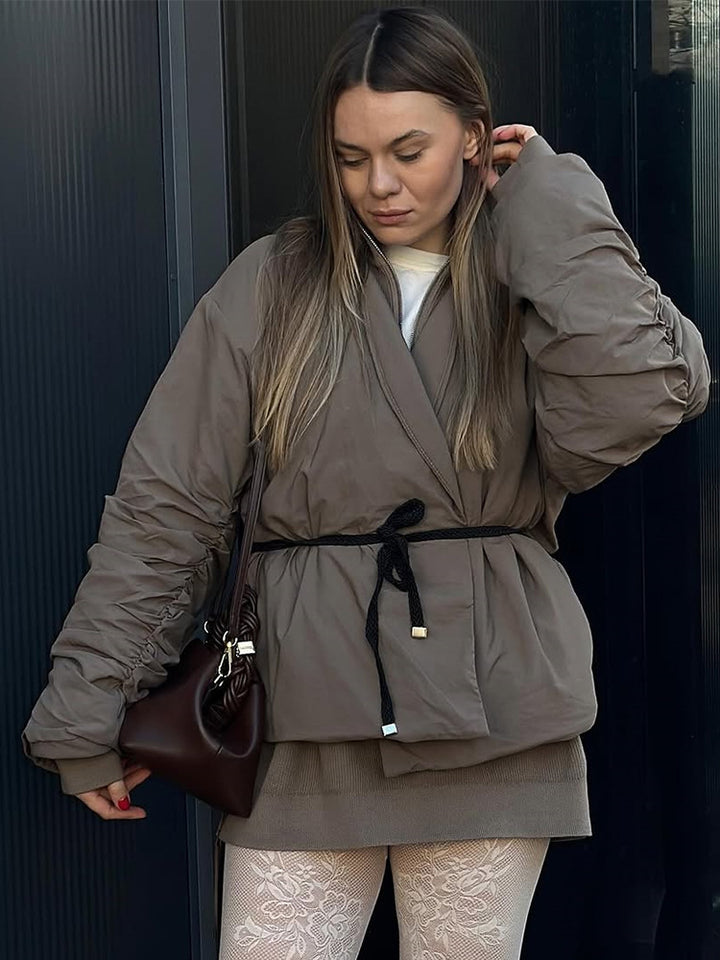 Damen lässige kurz geschnittene Jacke mit Taillengürtel und voluminösen Ärmeln Drune