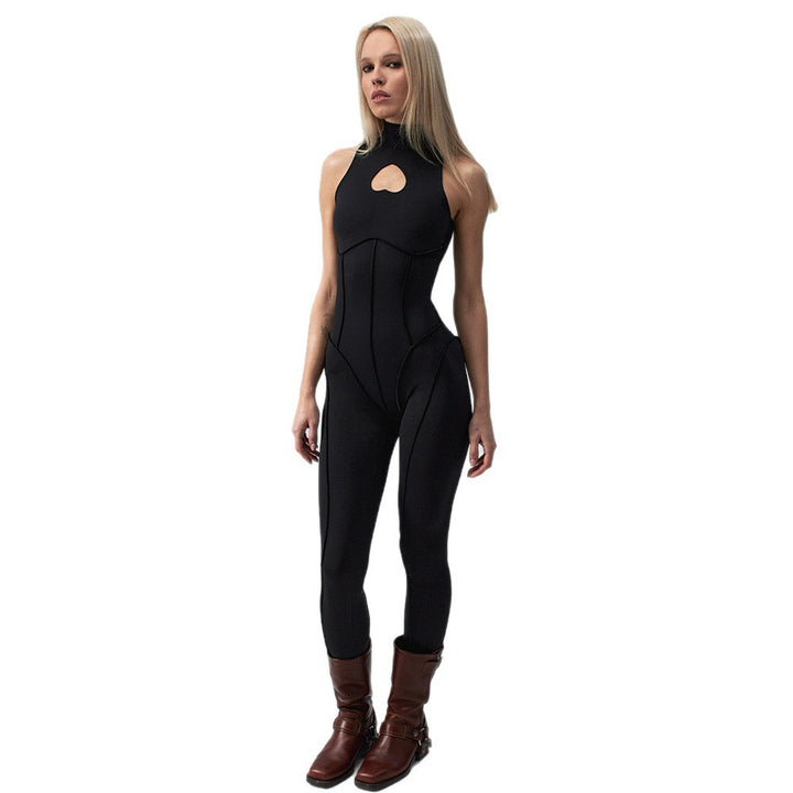Damen Eleganter Bodycon-Jumpsuit mit herzförmigem Ausschnitt und hoher Kragen Drune