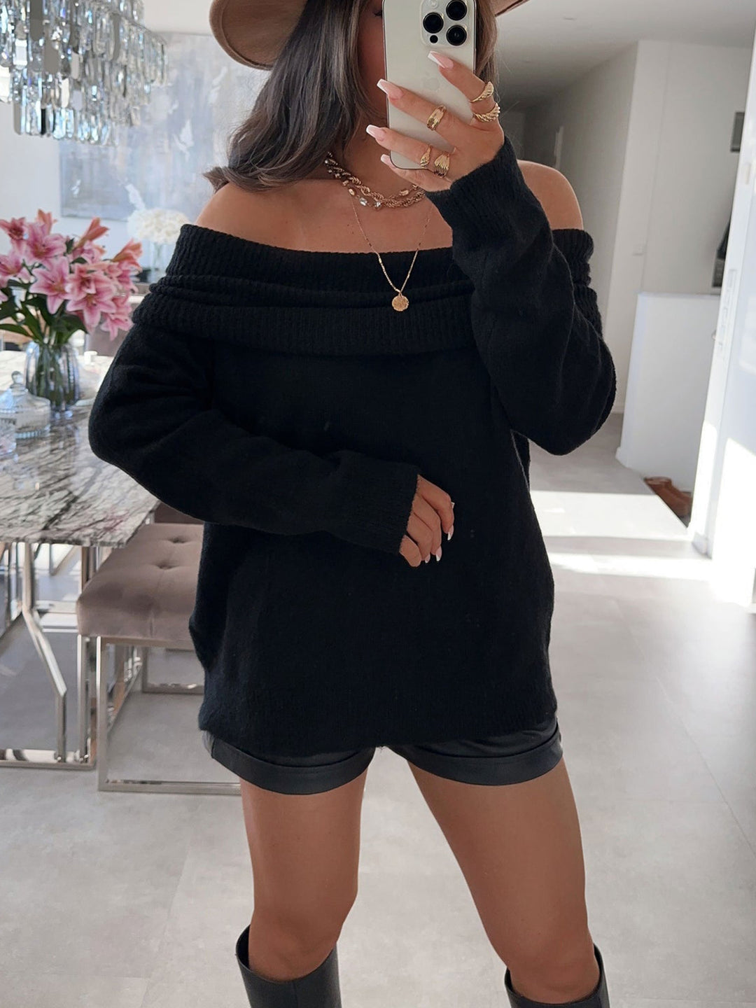Damen off-shoulder Pullover aus weicher Strickware mit Rippdetails Drune