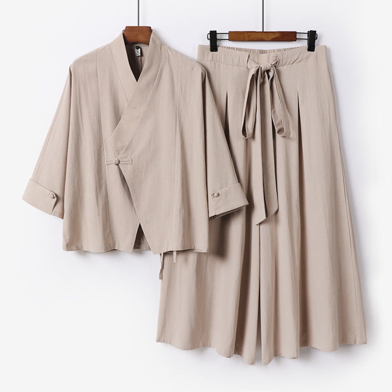Damen Leichtes Kimono-Loungewear-Set mit V-Ausschnitt dreiviertelärmeln und weiten Palazzo-Hosen Drune