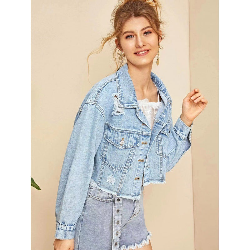 Damen cropped Jeansjacke im Vintage-Style mit lässigen Fransen und robusten Details Drune
