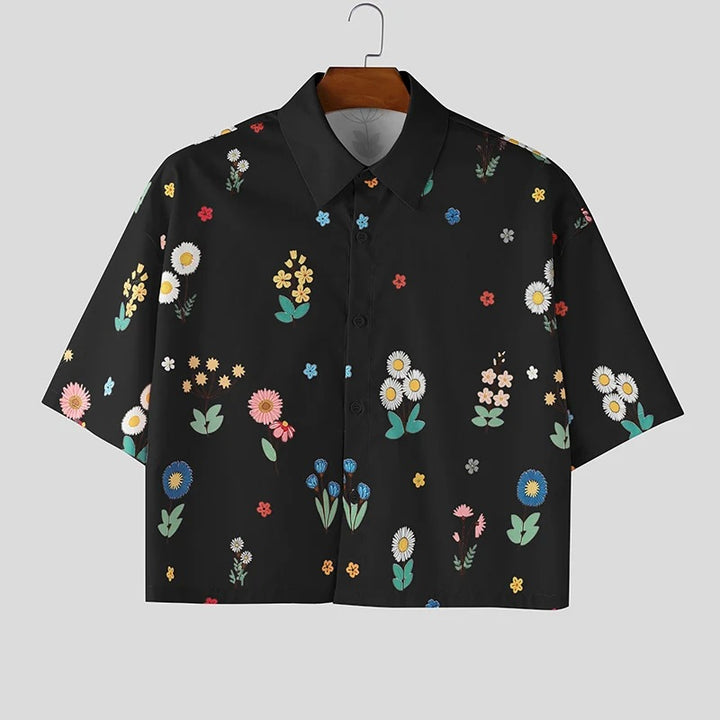 Damen nan kastig geschnittene Kurzarm-Hemdbluse mit floralem Allover-Print, Hemdkragen und kurzem Saum Drune