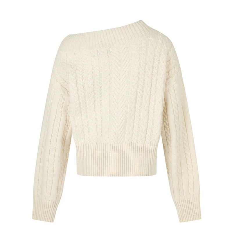 Damen Kurzer Zopfstrick-Pullover mit weitem Boat-Ausschnitt und markantem Logobund Drune