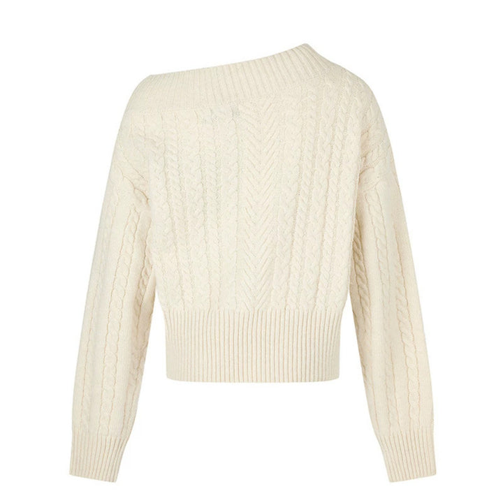 Damen Kurzer Zopfstrick-Pullover mit weitem Boat-Ausschnitt und markantem Logobund Drune