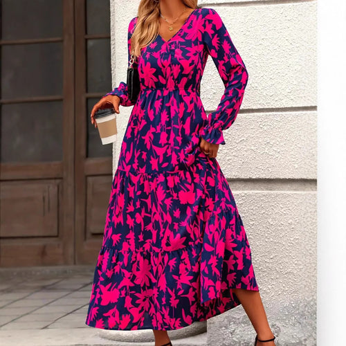 Damen Maxikleid mit V-Ausschnitt und voluminösen Ärmeln Drune