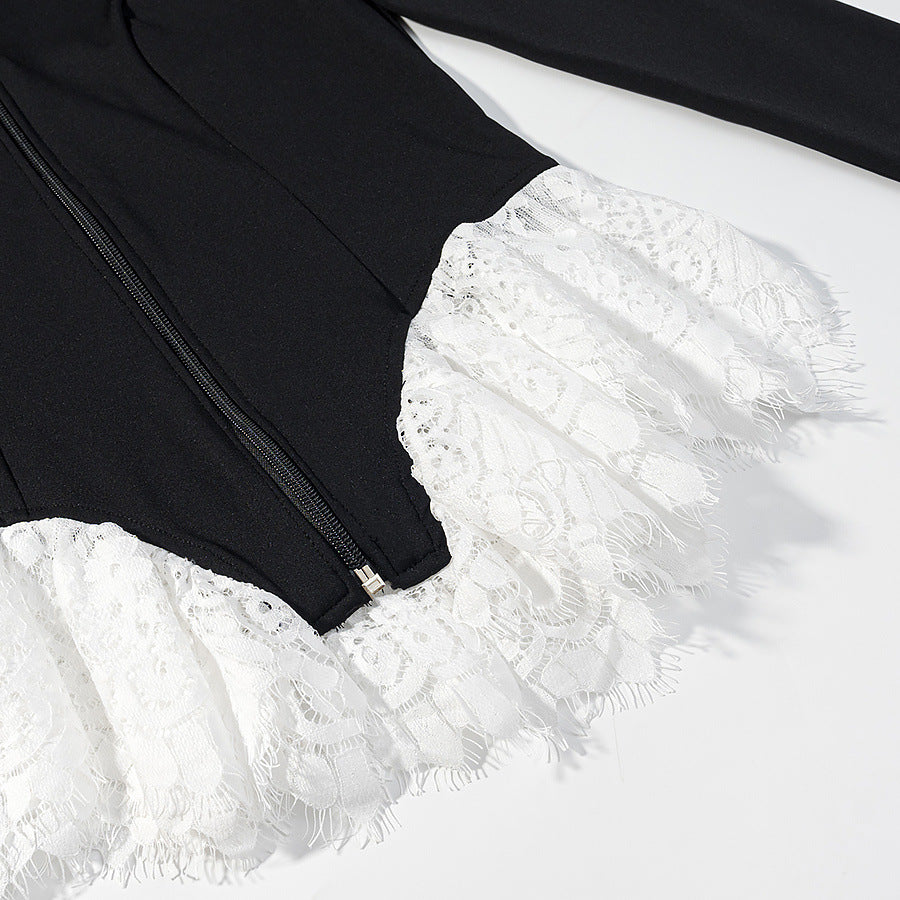 Damen Taillierte Kurzjacke mit Mittelreißverschluss und Spitzenvolants Drune
