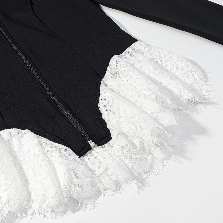 Damen Taillierte Kurzjacke mit Mittelreißverschluss und Spitzenvolants Drune
