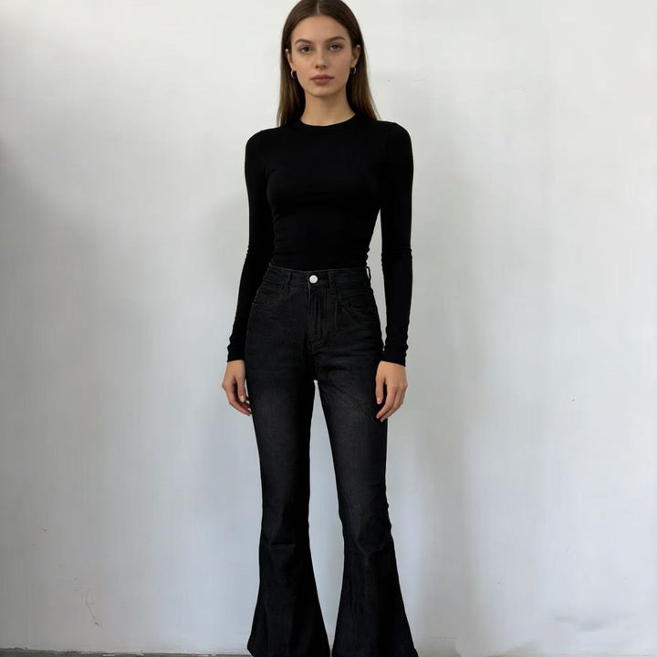 Damen nan High‑Waist Schlagjeans mit modellierender Hüftform, verstärkten Beinnähten und extra weitem Trompetenbein Drune