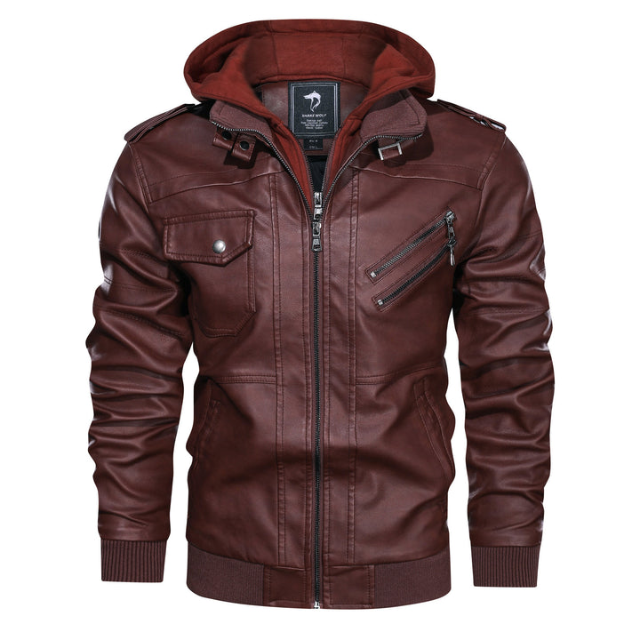 Herren Lederoptik-Utility-Jacke mit Kapuze, Reißverschlusstaschen und Rippbündchen Drune