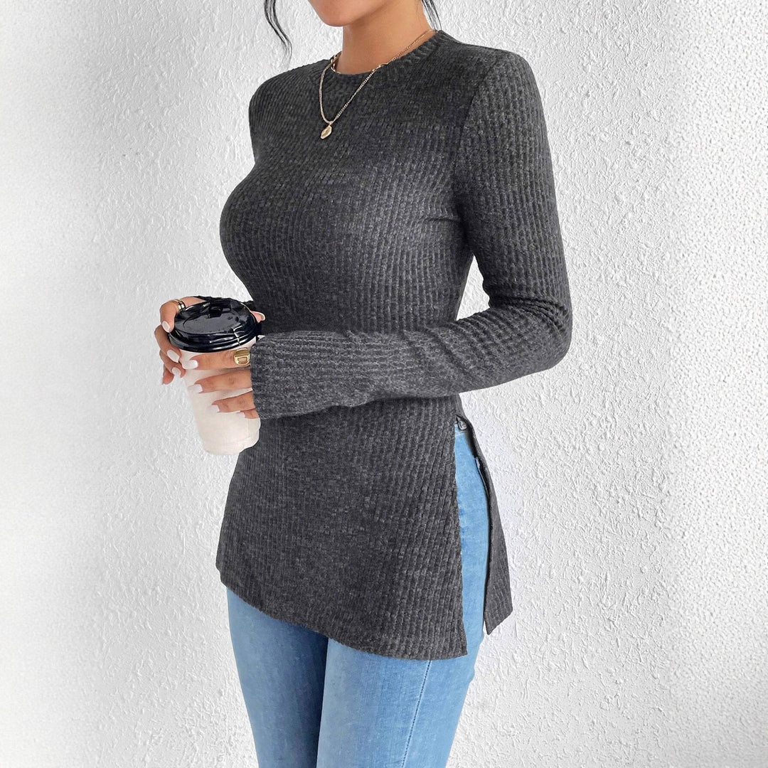 Damen Rippstrick-Langarmshirt mit Seitenschlitz und figurbetontem Schnitt Drune