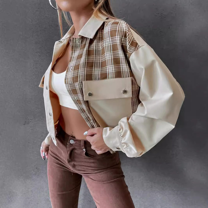 Damen Crop-Utility-Jacke mit karierten Ärmeln und klassischen Druckknöpfen Drune