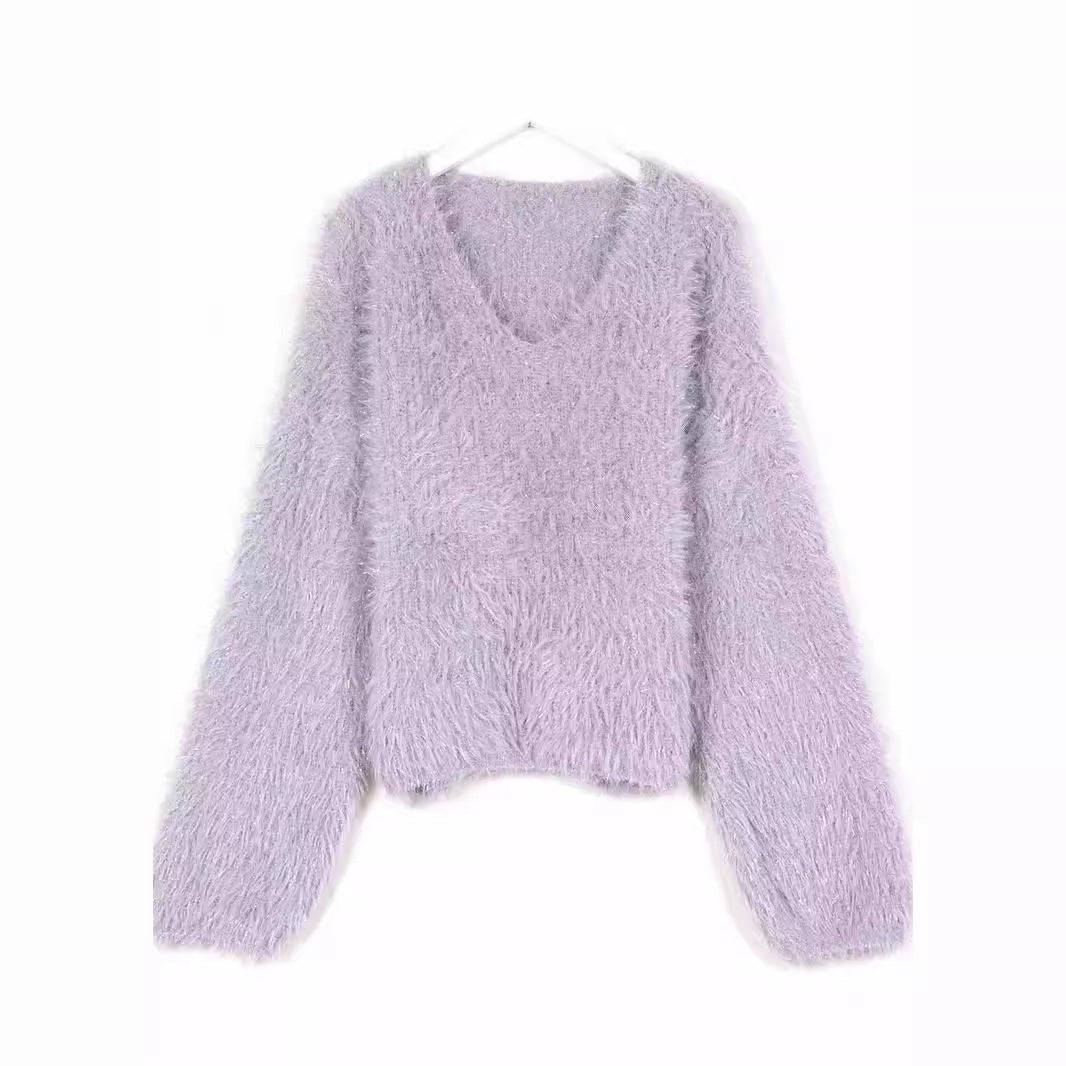 Damen Flauschiger V-Ausschnitt Pullover mit langem Arm und Glitzerfäden Drune