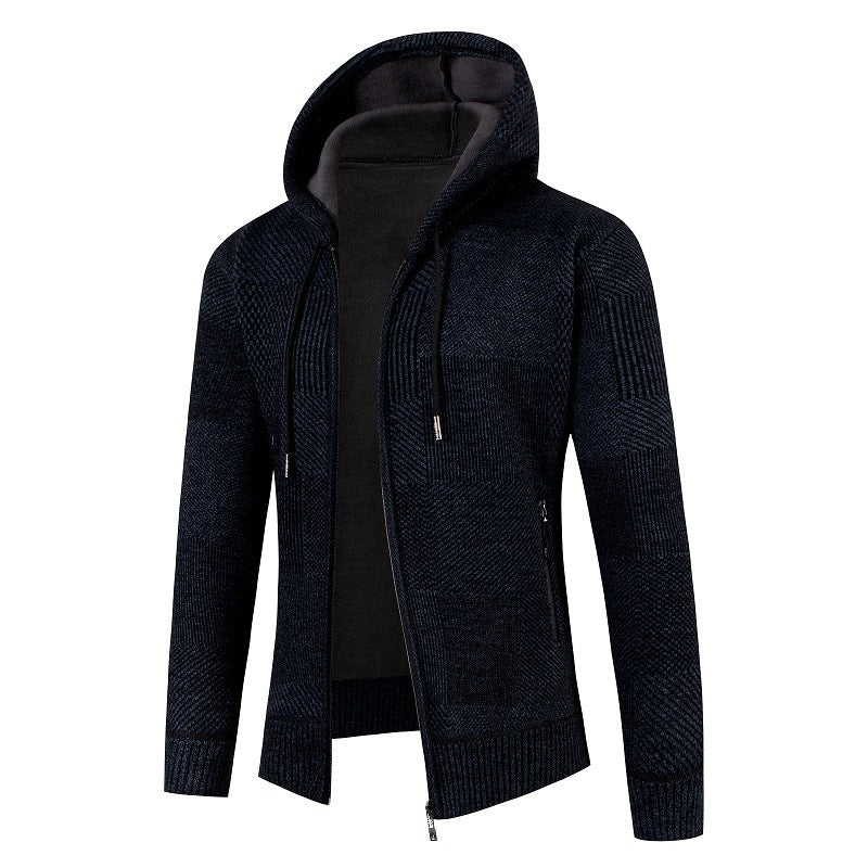 Herren Strukturierter Strick-Zip-Hoodie mit gefütterter Kapuze und grafischem Patchmuster Drune