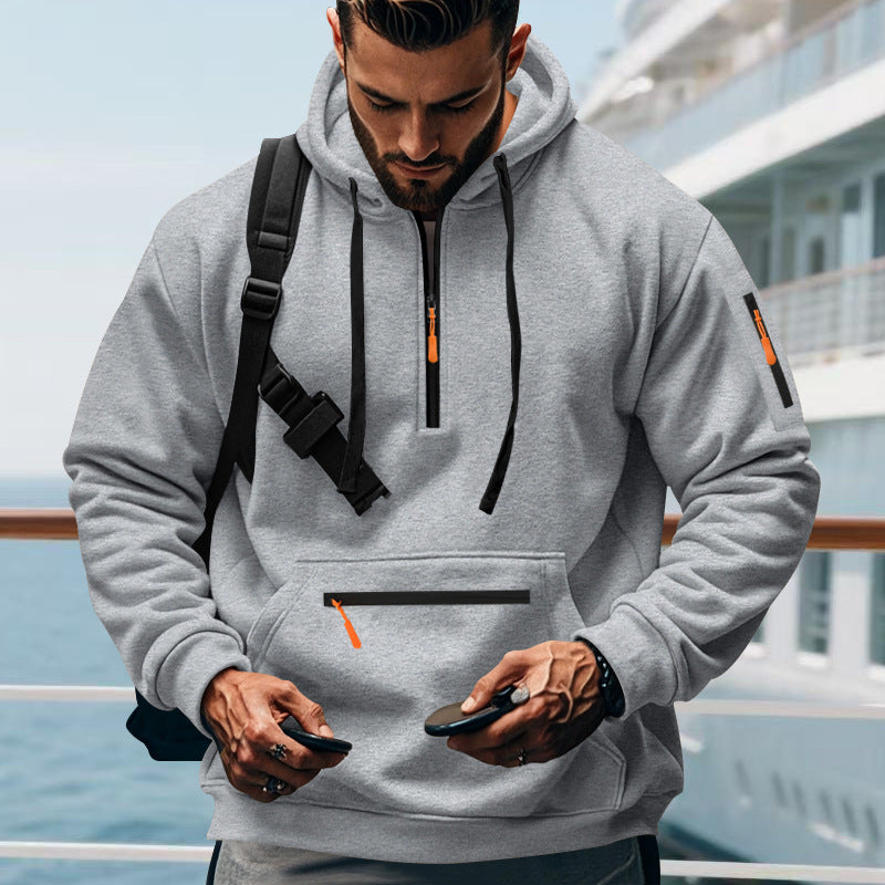 Herren nan technischer Halbzip-Outdoor-Hoodie mit verdeckter Kängurutasche, Reißverschluss-Ärmeltasche und integriertem Kabelkanal Drune