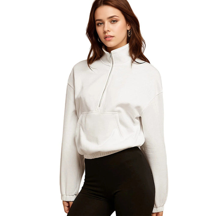 Damen halbzip Cropped Sweatshirt mit hohem Stehkragen, Kängurutasche und elastischem Saum Drune