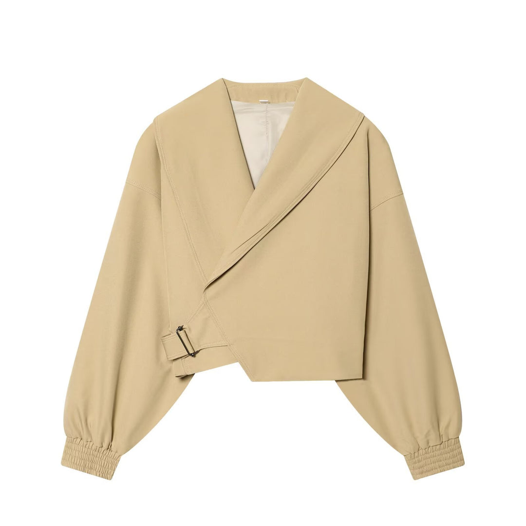 Damen Kurze Wickeljacke mit weitem Schalkragen, taillierendem Schnallenband und Ballonärmeln Drune
