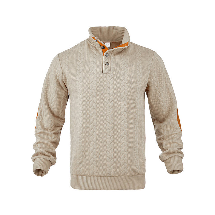 Herren Kabelstrick-Pullover mit Stehkragen, Knopfleiste & Ellbogenpatches Drune
