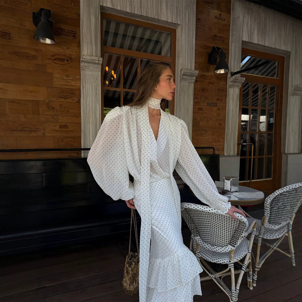 Damen Maxikleid aus Chiffon mit Wickeloberteil, Schluppe und gestuftem Volant‑Rock Drune