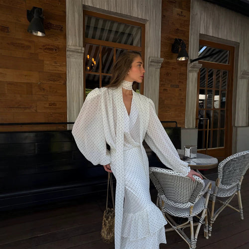Damen Maxikleid aus Chiffon mit Wickeloberteil, Schluppe und gestuftem Volant‑Rock Drune
