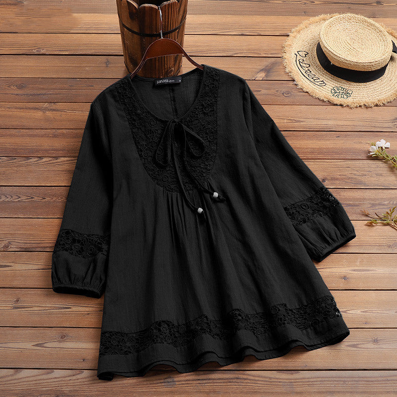 Damen Lässige Tunika-Bluse mit Häkelspitze, Bindekragen und dreiviertel Ärmeln Drune