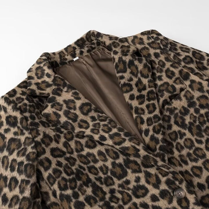 Damen nan taillierter Leopardprint-Blazer mit Reverskragen und Pattentaschen Drune