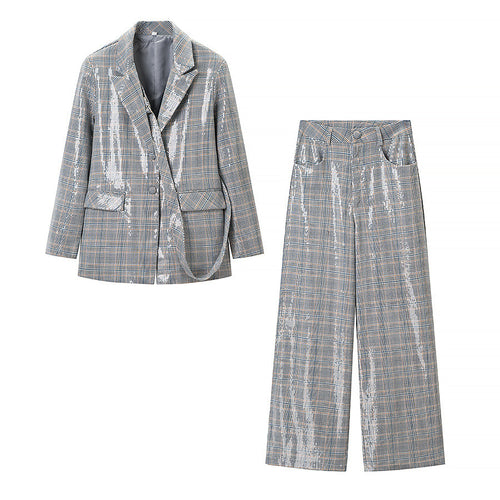 Damen Zweiteiliges Glencheck-Blazer- und Weite-Hosen-Set mit metallischem Glanz Drune