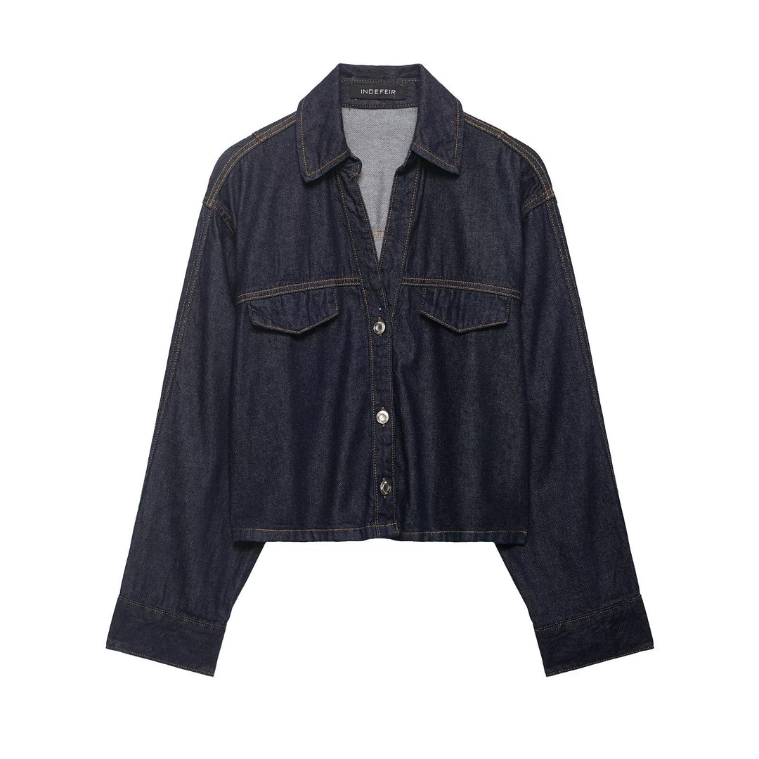 Damen Denim-Zweiteiler mit Cropped-Workerjacke und weiter High‑Waist-Hose Drune