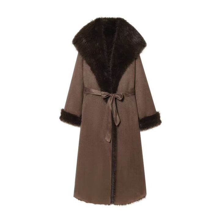 Damen Langer Lammfellimitat-Mantel mit Kapuze, Bindegürtel und Faux‑Fur‑Besatz Drune