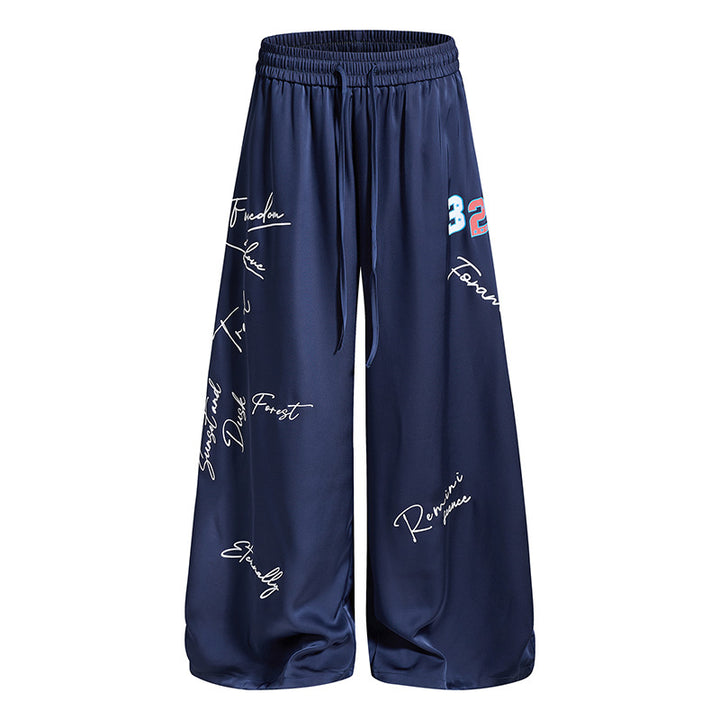 Damen Weite Satin-Palazzo-Loungehose mit Elastikbund, Kordelzug und Script-Print Drune