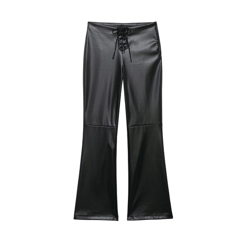 Damen hochgeschnittene ausgestellte Kunstlederhose mit Schnürungsdetail in der Taille Drune