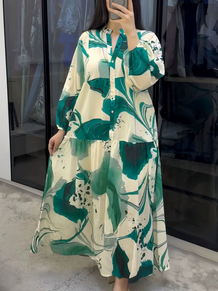 Damen Fließendes Maxikleid mit Stufenrock, überschnittenen Ballonärmeln und Stehkragen Drune