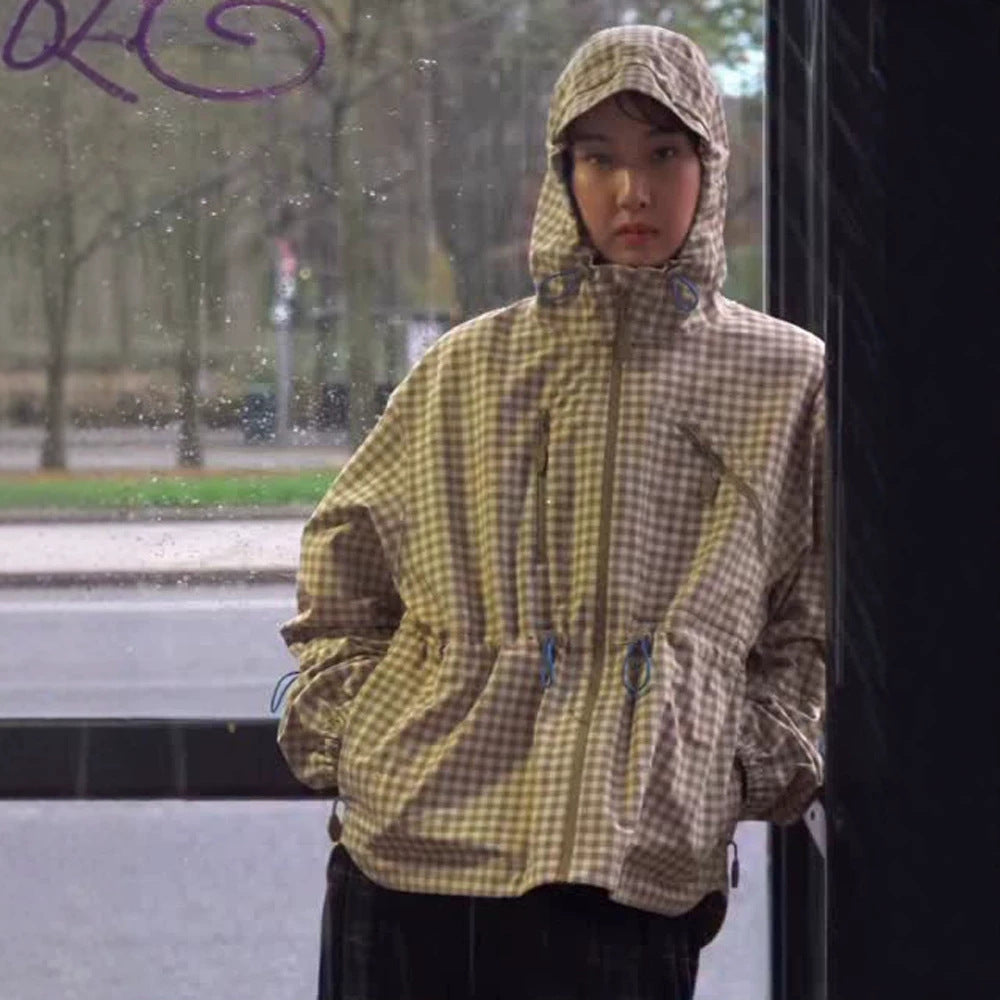 Damen Karo-Windbreaker mit Taillenzug, Kapuze und Reißverschluss Drune