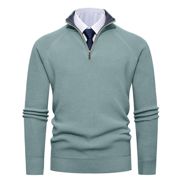 Herren nan feiner Strickpullover mit Halbzip, strukturierter Rippoptik und innen kontrastiertem Stehkragen Drune