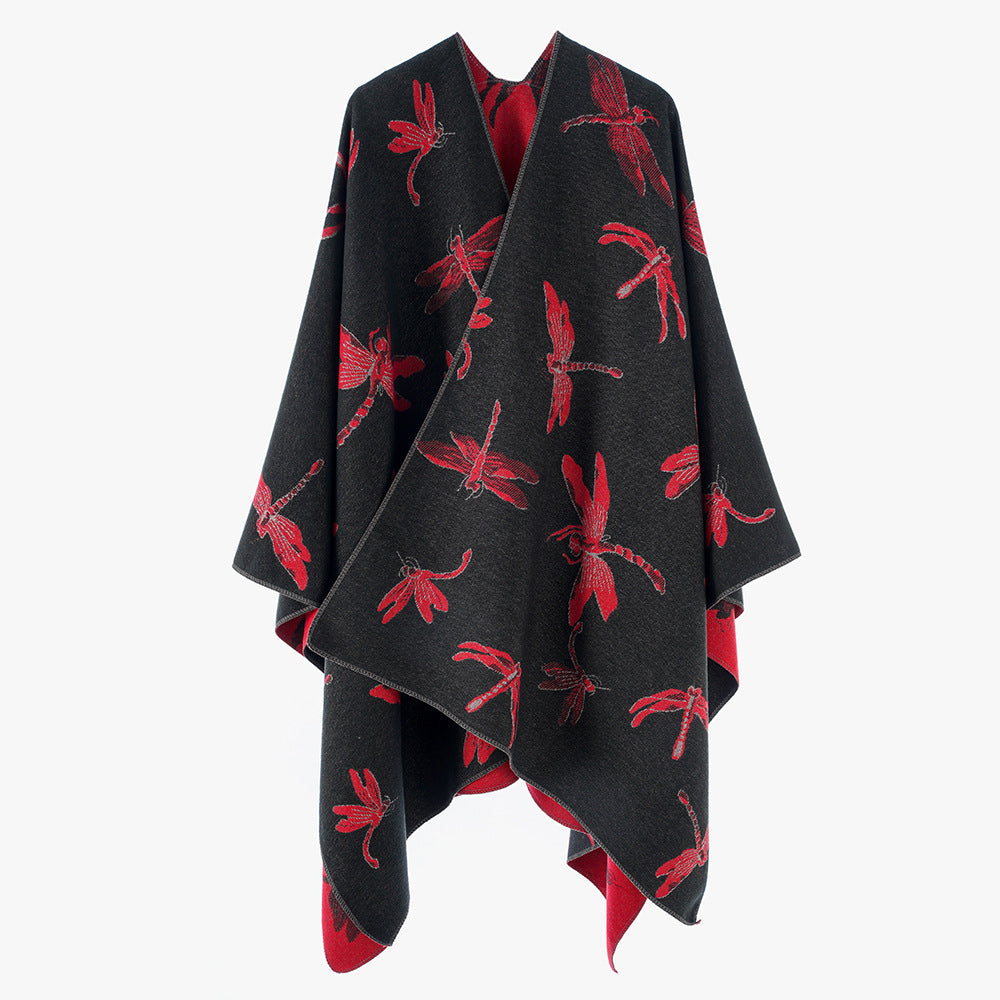 Damen Oversize-Cape aus feinem Jaquardstrick mit Libellenmotiv und reversibler Wolloptik Drune