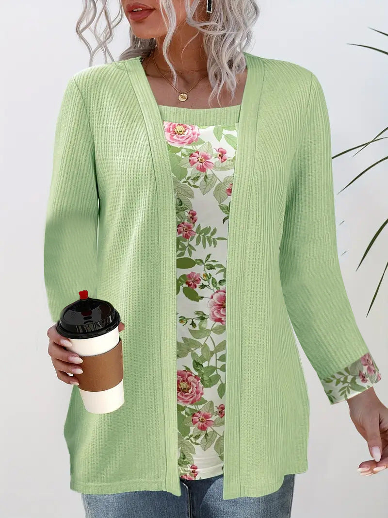 Damen lässiger Cardigan mit floralem Innenfutter und langen Ärmeln Drune