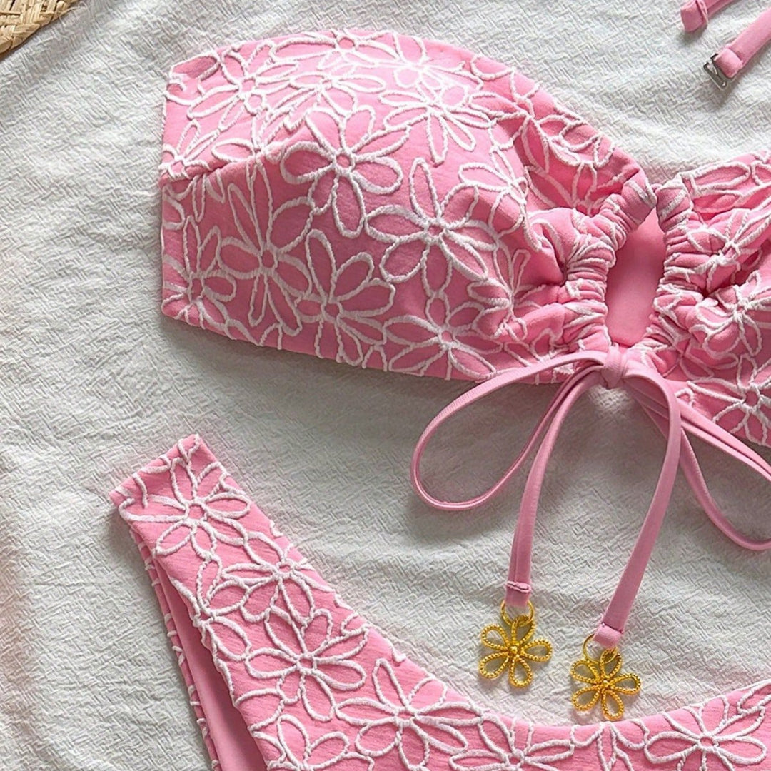 Damen Bandeau-Bikini mit floralen Applikationen Drune