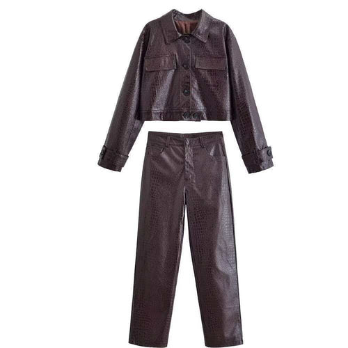 Damen nan gerade geschnittene Kunstlederhose mit Krokoprägung und hoher Taille Drune