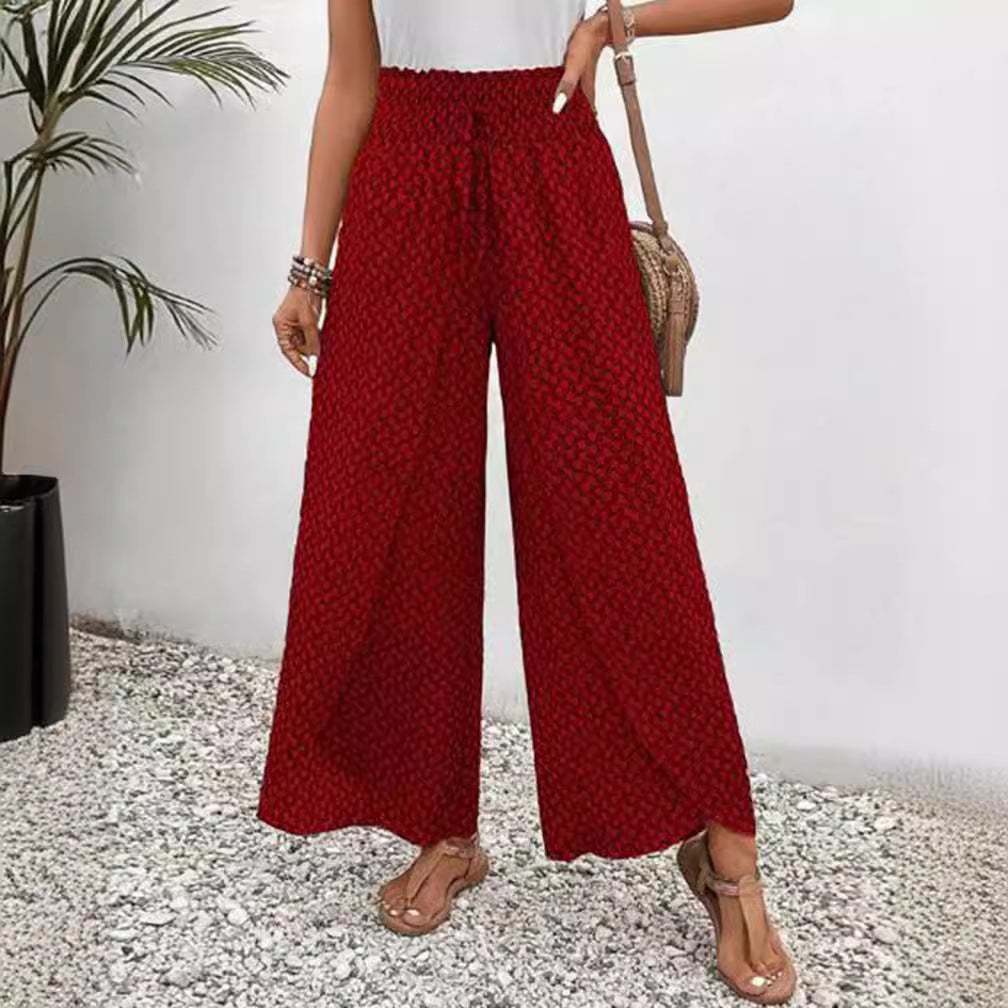 Damen nan weite Sommer-Palazzohose mit gerafftem Komfortbund, fließender Beinweite und geometrischem Allovermuster Drune