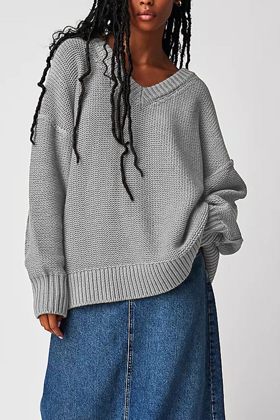 Damen V-Ausschnitt Oversized Pullover mit strukturiertem Strickmuster Drune