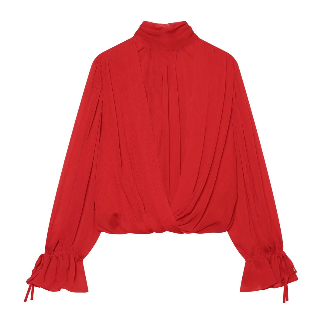 Damen Wickel-Cropped-Bluse mit Stehkragen und Volumenärmeln Drune