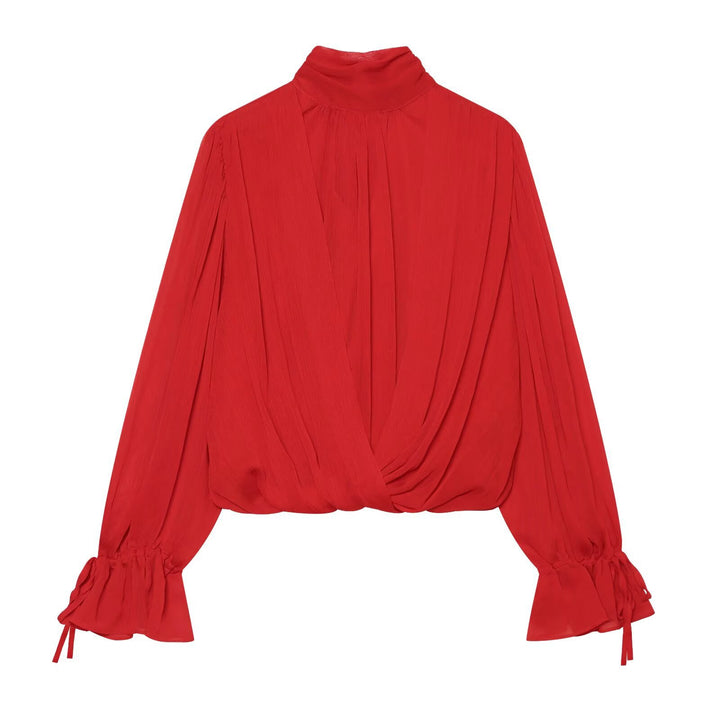 Damen Wickel-Cropped-Bluse mit Stehkragen und Volumenärmeln Drune