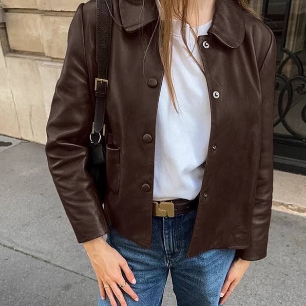 Damen Modische Kunstlederjacke mit praktischen Taschen und elegantem Kragen Drune