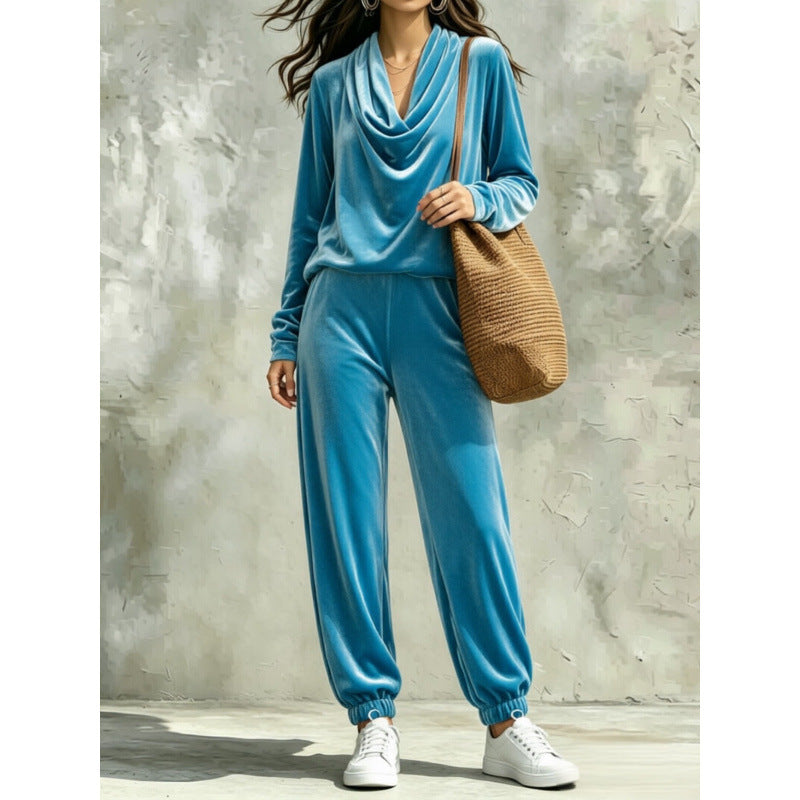 Damen Samt-Lounge-Set mit Wasserfallkragen und Jogger-Hose Drune