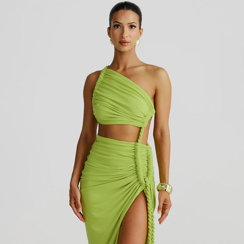 Damen Elegantes, einseitiges Maxikleid mit raffinierten Drapierungen Drune