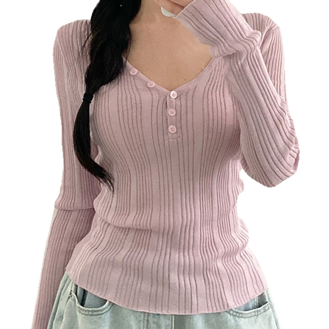 Damen nan feinstrukturierter Rippstrick-Longsleeve mit V-Ausschnitt, Henley-Knopfleiste und taillierter Passform Drune