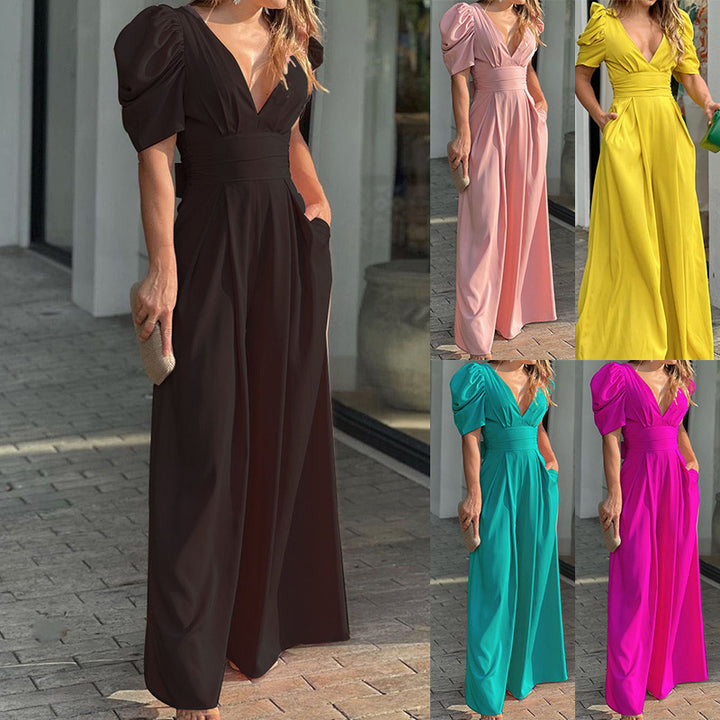 Damen Elegantes Jumpsuit mit voluminösen Puffärmeln und tiefem V-Ausschnitt Drune