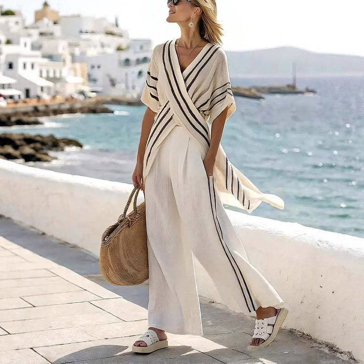 Damen nan resort-inspiriertes Set mit überkreuzter Kimono-Tunika und hochgeschnittener Palazzohose Drune