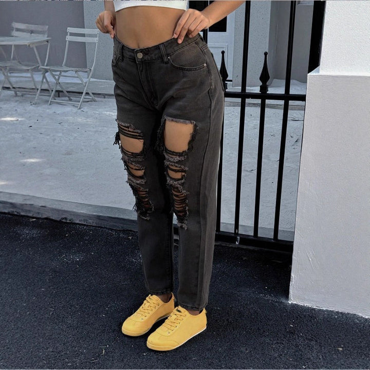 Damen hochgeschnittene Ripped-Mom-Jeans mit mehreren Knie-Cutouts und relaxed Straight-Schnitt Drune